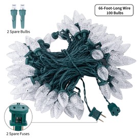 C9 Christmas String Lights White, 66ft 100 LED Faceted Christmas Lights on Green Wire, Large Bulb Strawberry String Lights for House Roof Roofline Christmas Tree Party Outdoor