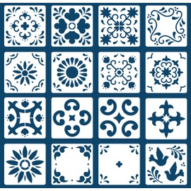 NEGLEX 16 Pack Tile Stencil Set (8X8 Inch), Mexican Stencil Pattern, Use As Floor Stencils Or Wall Stencils, Reusable Stencils for Painting Floor Furniture Canvas, DIY Mexican Talavera Home Décor