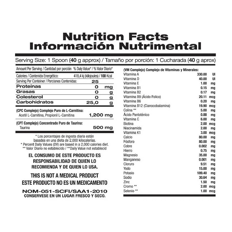F&nt L-carnitina 1,000 Gr: 1,200 Mg L Carnitina En Polvo