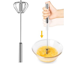 Semi-automatic Whisk 10in Stainless Steel Egg Whisk Hand Push Rotary Whisk Blender Semi Auto Egg Beater Hand Push Mixer Stirrer Egg Scrambler for Blending, Whisking, Frothing, Beating & Stirring