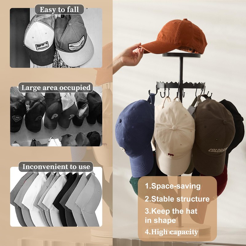 BeeOwner Rotating Hat Organizer for Baseball Caps, 3-Tier Merchandise Display