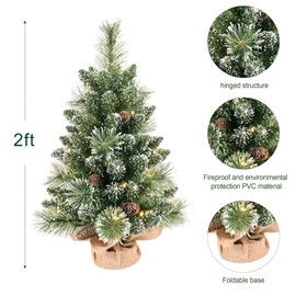 2FT Pre-lit Mini Christmas Tree with Warm LED Lights, Frosted Fir Branches, Pinecones, Battery-Operated with Timer, Burlap Base – Ideal for Tabletop, Apartments, and Compact Spaces