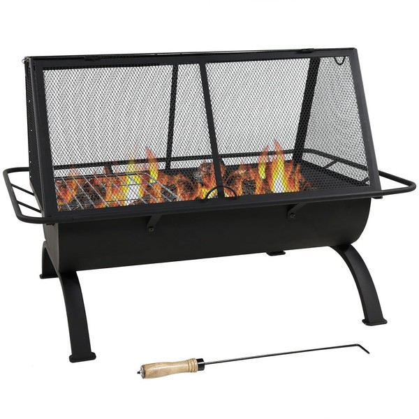Sunnydaze Northland Outdoor Rectangular Fire Pit with Grill - 36-Inch Large Wood-Burning Patio & Backyard Fire Pit for Outside with Cooking BBQ Grill Grate, Spark Screen, Poker and Cover