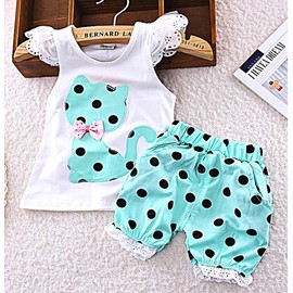 Lovelegis 4 Year Old Girl Complete Summer Set - Tank top - Shorts - Polka dot - cat - 107 cm Green Color - Christmas and Birthday Gift idea