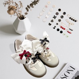 Lospfo 38 Pcs Shoe Charms for Sneakers Satin Bow Sneaker Charm for Shoe Lace with Bows/Jewelry/Pins/Clips Shoelace DIY Charms Decoration for Women (White)