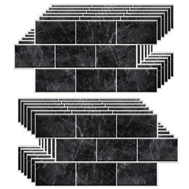 WALPLUS 12 Sheets Tile Stickers Glossy Removable Stick on Wall Backsplash Tile Transfer Waterproof Oil Proof DIY for Bathroom Cabinet Kitchen Home Decor Black Marble Stone 15.4 x 30.5 cm
