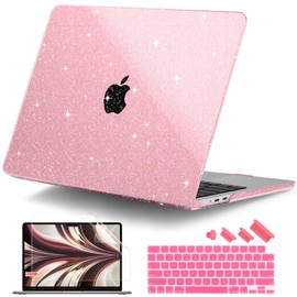 DONGKE Compatible with M3 MacBook Air 13.6 inch Case 2024 2023 2022 Release A3113 A2681 M2 with Touch ID, Glitter Bling Plastic Hard Shell Case with Keyboard Cover & Screen Protector, Sparkly Pink