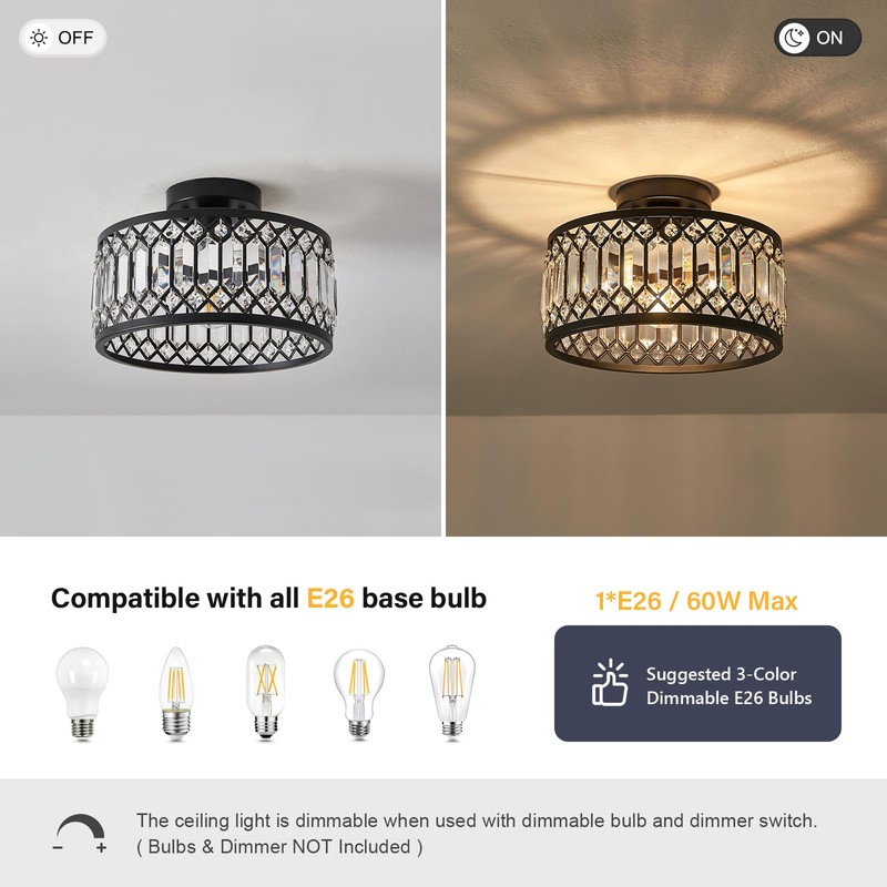 Pevfah Crystal Black Ceiling Light, Modern Semi Flush Mount Ceiling
