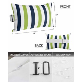 GWZBDYF 2 Pack 11x16 Chaise Lounge Outdoor Pillows Covers Waterproof, Navy Blue Grass Green Striped Adjustable Headrest Pillowcase, Simple Geometric Decorative Neck Pillows for Recliner Office Chair