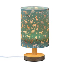 YYZZH Table Lamp Horse Pattern Colorful Star Horseshoes Letter Nightstand Lamp with Wood Base Fabric Lamp Shade Bedside Desk Lamp for Living Room Bedroom Kids Room Office