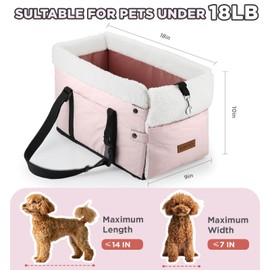Center Console Dog Car Seat for Small Dogs,PU Leather Small Dog Car Booster Seat,Washable Foldable with Safe Protection Hooks Adjustable Straps and Storage Pocket Pet Up to 18lbs-Pink