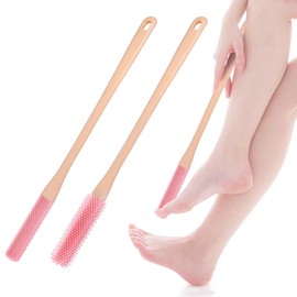 2Pack Toe Cleaning Brush,15.7" Silicone Foot Scrubber in Shower with Long Handle Cleaning Bath Foot Brush for shower Gentle Foot Exfoliating Lotion Applicator for Seniors,Elderly, Men and Women (Pink)