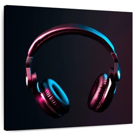 ElephantStock - Neon Highlight Headphones Wall Art - Square Canvas Wall Art - Living Room Wall Decor - Photography Music Canvas Art - Brown And Purple Decor - 16" x 16"