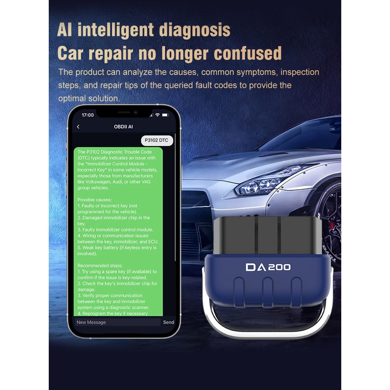 DA200 OBD2 Scanner Bluetooth, All-in-One Code Reader for Check Engine