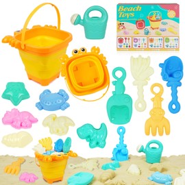 Adiwo Beach Sand Toys Set, 12 PCS Foldable Sand Bucket and Spade Beach Set with 6 Different Animal Sand Molds, 1 Sprinkler and 1 Sand Rake, Summer Outdoor, Camping, Water, and Sand Toys for Kids