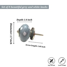 Perilla Home Printed Ceramic Knobs for Cabinet Vintage Kitchen - Set of 8 Assorted Decorative Cupboard Door & Wardrobe Drawer Pulls Chrome Hardware Handle Mix Design Knobs (White & Grey)
