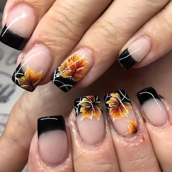 Fall Maple Leaf Press on Nails Short Square Fake Nails,