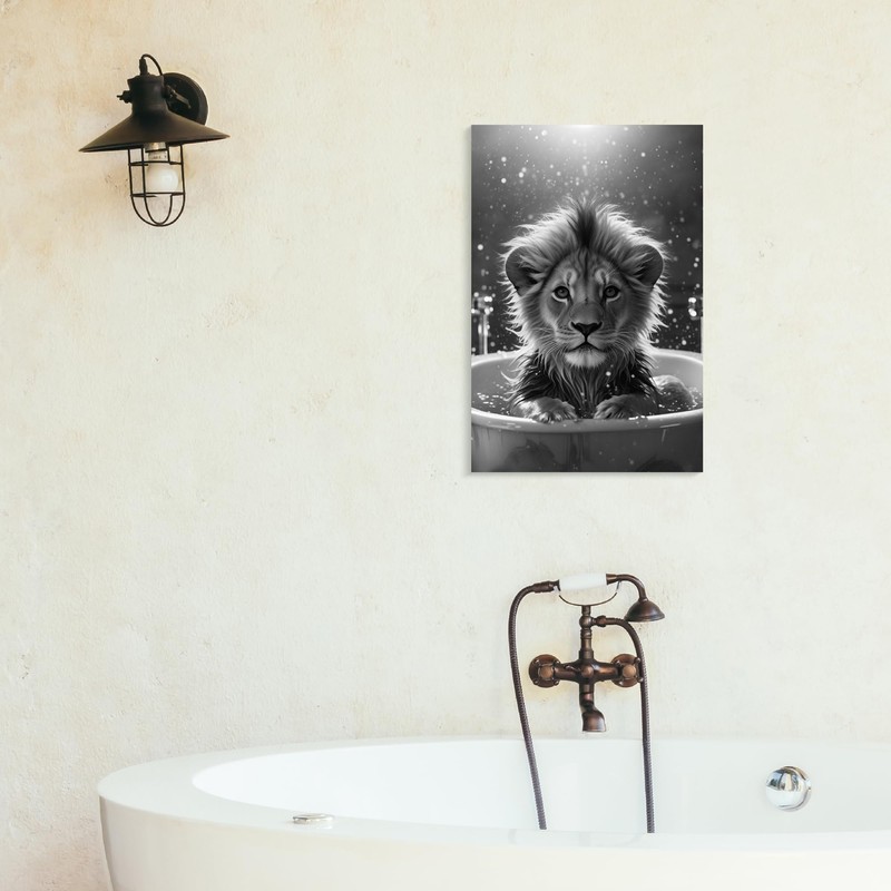 Lion Wall Art for Bathroom, Black and White Canvas Wall