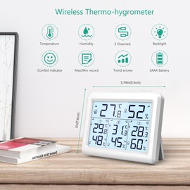 ORIA Digital Hygrometer Indoor Outdoor Thermometer, Upgraded Wireless Temperature Humidity Monitor with 3 Sensors, Digital Hygrometer Thermometer with Max/Min Record, Backlight, for Bedroom, Office