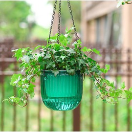Meicynhoger Set of 2 Vintage Hanging Flower Pots, 16.5 cm Balcony Planters – Transparent Self-Watering Pot with Hooks for Indoor Outdoor, Table, Wall, Terrace and Green Jardi