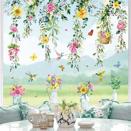 Whaline 8 Sheets Spring Hanging Floral Window Cling Stickers Eucalyptus Flower Vine Windows Decals Watercolor Reusable Window Decoration for Party Home Classroom