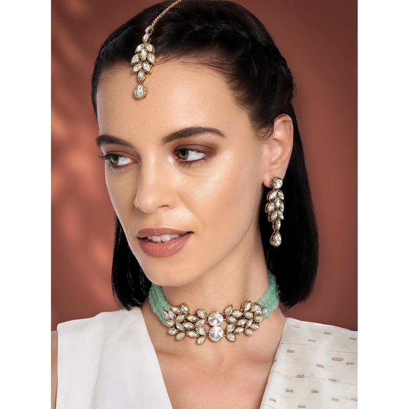 Aheli Bridal Crystal Pearl Gargantilla Collar con pendientes de caída