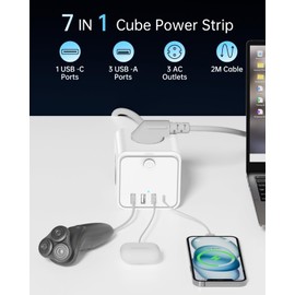 Steckdosenleiste, 7 in 1 Steckdosen mit USB, 3 Steckdosen, mit Schalter, 2 m, Steckdosenleiste mit USB, ideal für Wohnzimmer, Büro, Schlafzimmer