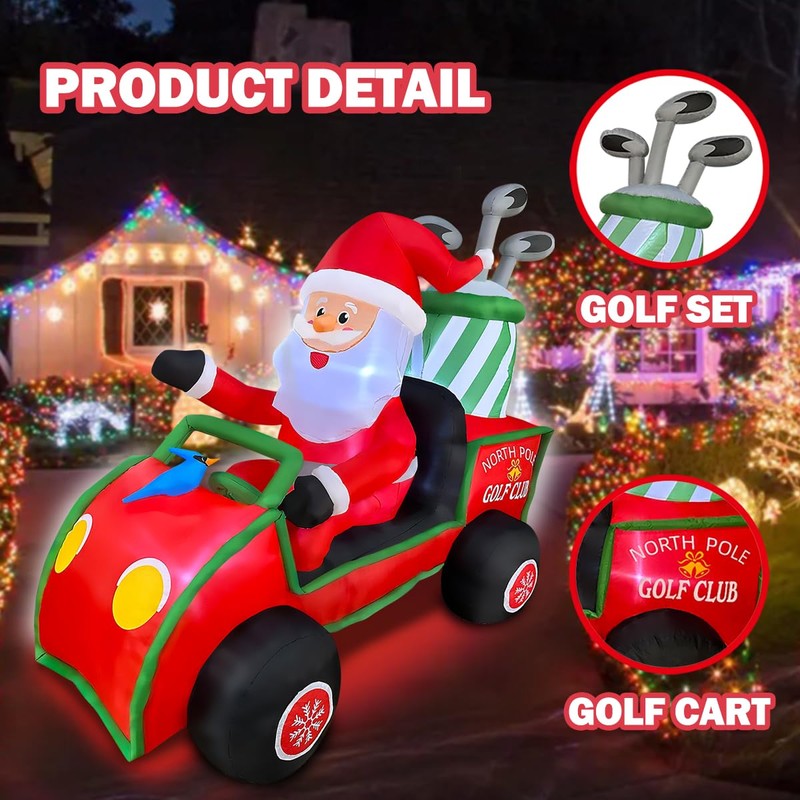 BLOWOUT FUN 6ft Length Inflatable Christmas Golf Cart with Santa