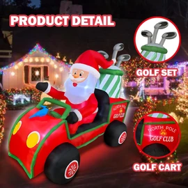 BLOWOUT FUN 6ft Length Inflatable Christmas Golf Cart with Santa Claus Decoration, LED Blow Up Lighted Decor Indoor Outdoor Holiday Decor
