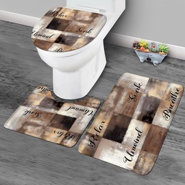 KOMLLEX 4Pcs Brown Beige Grey Abstract Shower Curtain Sets, Bath Mat and Toilet Lid Cover, Rustic Geometric Plaid Farmhouse Modern Quotes Bathroom Decor Set with Rugs and Accessories, 12 Pack Hooks