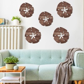 5 Pcs Summer Coastal Wall Decor Sand Dollar Wall Decor Beach Wall Art Decor 8" and 10" Wood Ocean Sand Dollar Decor Wooden Coastal Wall Art Hanging Signs for Home Bathroom Bedroom Decor, 2 Sizes