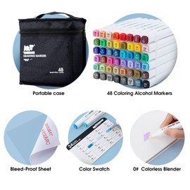 TRANSON Alcohol Markers for Drawing Coloring 48 Colors Dual-tip Fine and Brush Tips