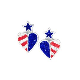 Accessory To Love American Flag Heart Earrings, Rhinestone Beaded, 2 x 1.5 inches, Stainless Steel Post