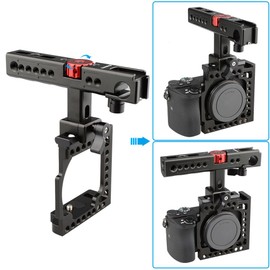 CAMVATE Camera Cage, 360 Degree Rotation, 1/4 & 3/8 Screws, QR Cheese Handle (with Cold Shoe), A6500, A6000, A6300 (Black, Red)