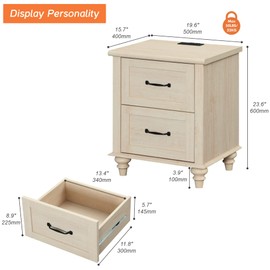 WAMPAT Beige Side Table Nightstand with Charging Station, Wooden End Table with 2 Drawers for Living Room, Mid Century Night Stand Modern Bedside Table for Bedroom, Kids Room