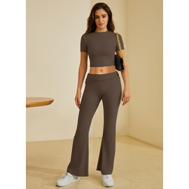COPYLEAF Two Piece Lounge Sets for Women Fold Over Flare Pants Short Sleeve Crop Top Y2k Outfits Matching Set Tracksuit(Brown S)
