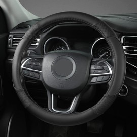 GIANT PANDA PU Leather Steering Wheel Cover Compatible with Most Round Steering Wheels - Non-Slip Breathable Black