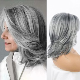 KRSI Grey Layered Wig Mix Gray and Black Natural Wave Hair Wigs for Women Shoulder Length Silver Wavy Wigs with Curtain Bangs Wigs 14inch Short Layered Gray Wig Short Synthetic Wigs for Black Women
