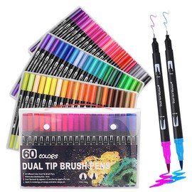 Plumones Punta de Pincel 60 Colores, Plumones para Colorear Rotuladores de Pluma Dibujo con Dual Brush(0.4mm/1-2mm), Marcadores de Acuarela Acuarelables No Toxica Regalo para Artistas, Dibujar, Cómic, Caligrafía, Lettering