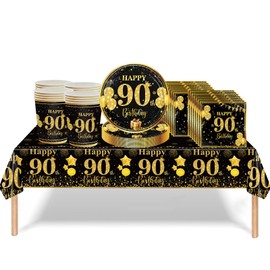53Pcs Black Gold 90th Birthday Party Tableware Decorations,90th Birthday Table Cloth Plates and Napkins Cups Sets for Women Him Men Birthday Table Decor for 90th Birthday Gifts Dinnerware