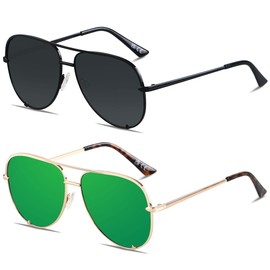 ANDWOOD Oversized Aviator Sunglasses for Women Big Large UV Protection Fashion Sun glasses UV Protection Black Mirrored Green Shades