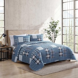 Eddie Bauer - Queen Quilt Set, Reversible Cotton Bedding with Matching Shams, Patchwork Plaid Home Decor (Hawthorne Blue, Queen)
