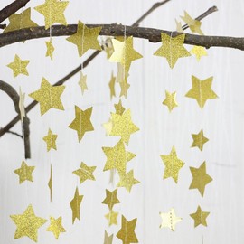 Glitter Gold Paper Star Hanging Garland - Twinkle Star Banner for Festival Home Wall Decoration, Birthday, Wedding Photo Booth Props, 2.8", Totally 23 ft/7m