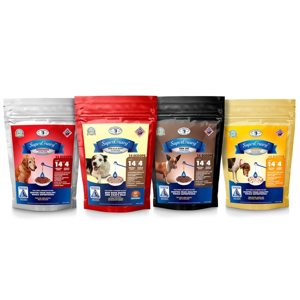 Clear Conscience Pet SuperGravy The Ultimate Gravy Four-Pack - Natural Dog Food Gravy Topper - Hydration Broth Food Mix - Human Grade 14 Scoop Bags, 56 Scoop, 01107