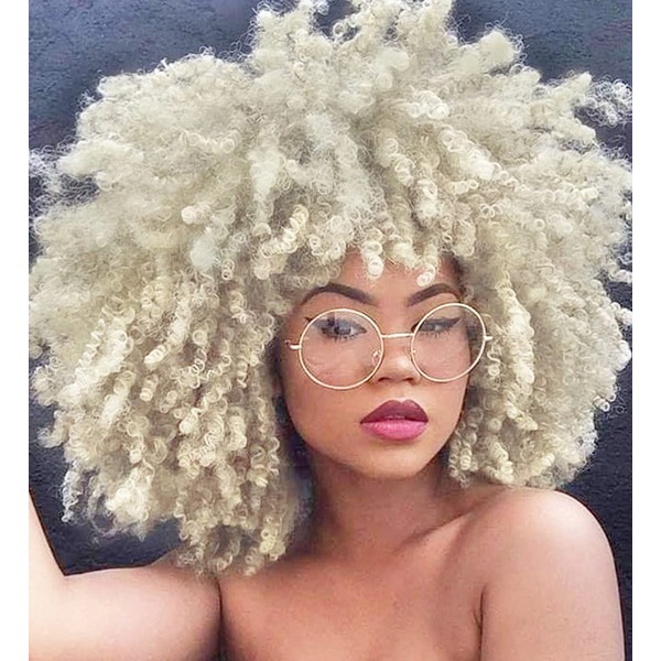Short Curly Afro Wig for Black Women Kinked Curly Hair Afro Synthetic Heat Resistant Full Wigs with Bangs Blonde