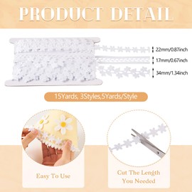 Craftdady 15 Yards Polyester Hollow Leaf Ribbons 17-34mm Flower Vineman Trim Ribbon with Cardboard Display Card White for Present Packaging Wreath Decor