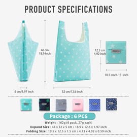 Pack of 6 Reusable Foldable Shopping Bags, Portable Shopping Bag, Lightweight Compact 27 g Polyester, with Handles, Environmentally Friendly, Reusable, Foldable for Shopping, Picnics (48 x 32 x 5 cm)