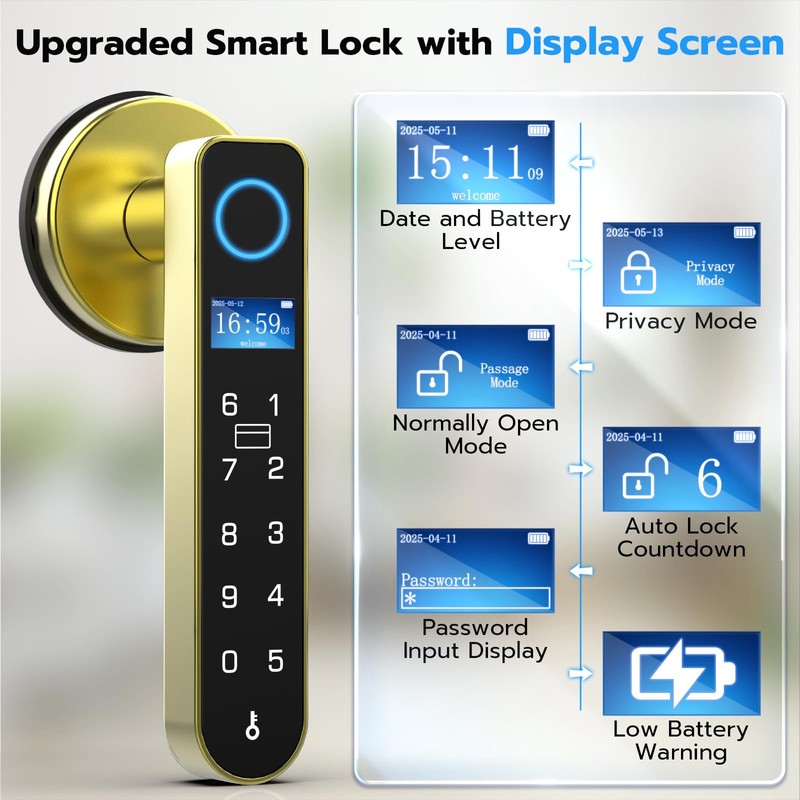 Smart Fingerprint Door Knob Lock with Display Screen, Fingerprint Biometric