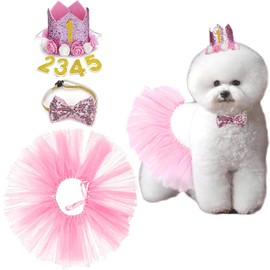 ZARSIO Tulle Tutu for Dogs, Dog Birthday Set Crown Hat Glitter Tie Tutu Skirt for Pets Reusable Birthday Party Cat Small Dogs Supplies (Pink)