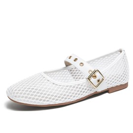 hingswink White Mary Jane Shoes Women Fishnet Mesh Ballet Flats with Strap Buckle Closed Toe MaryJanes Ballerina Flats for Women Dressy Comfortable, MeshWhite9